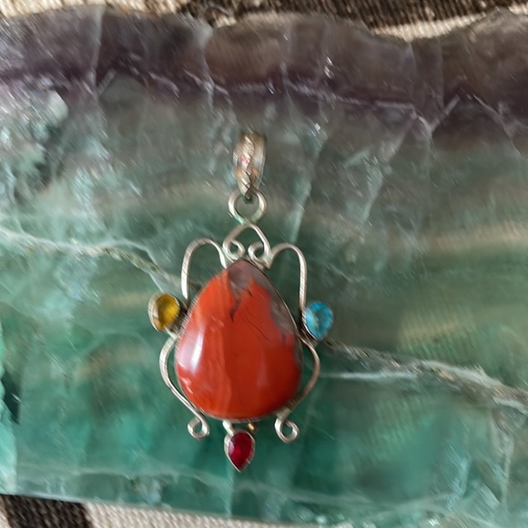 Red Jasper and Quartz Pendant Accented With Gemstones - Picture 2 of 4